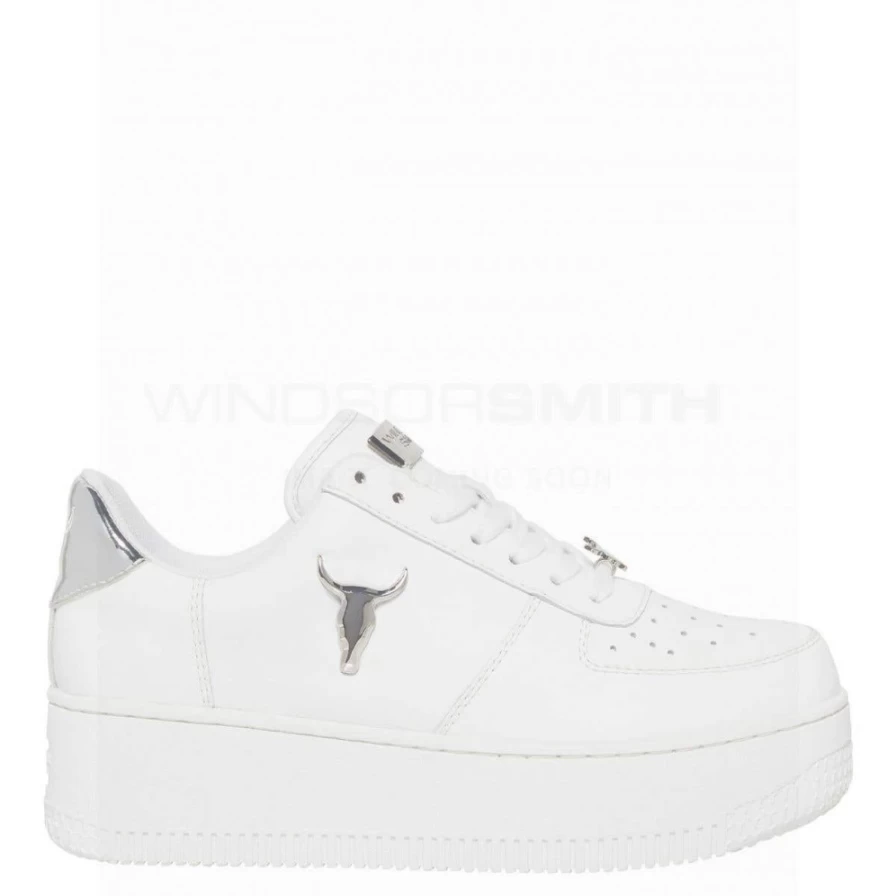 WindsorSmith Women's White Leather Sneakers with Silver Metallic Accents