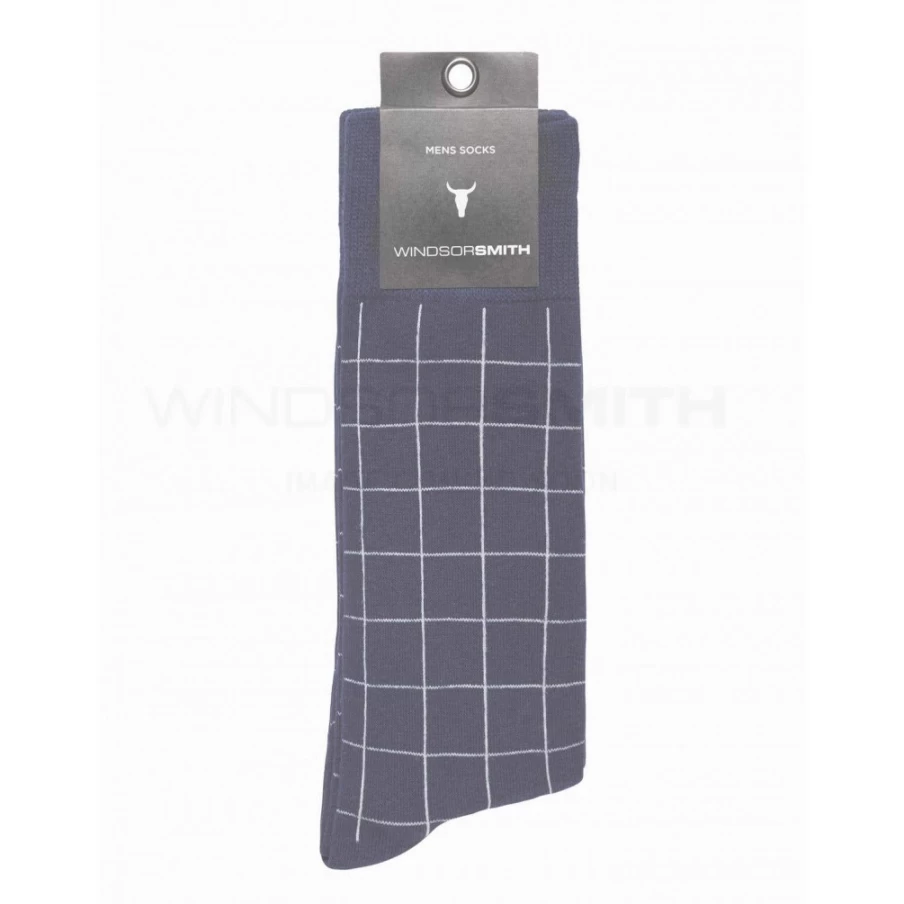 WindsorSmith Men's Navy Dress Socks - Premium Window Check Pattern Formal Socks for Men