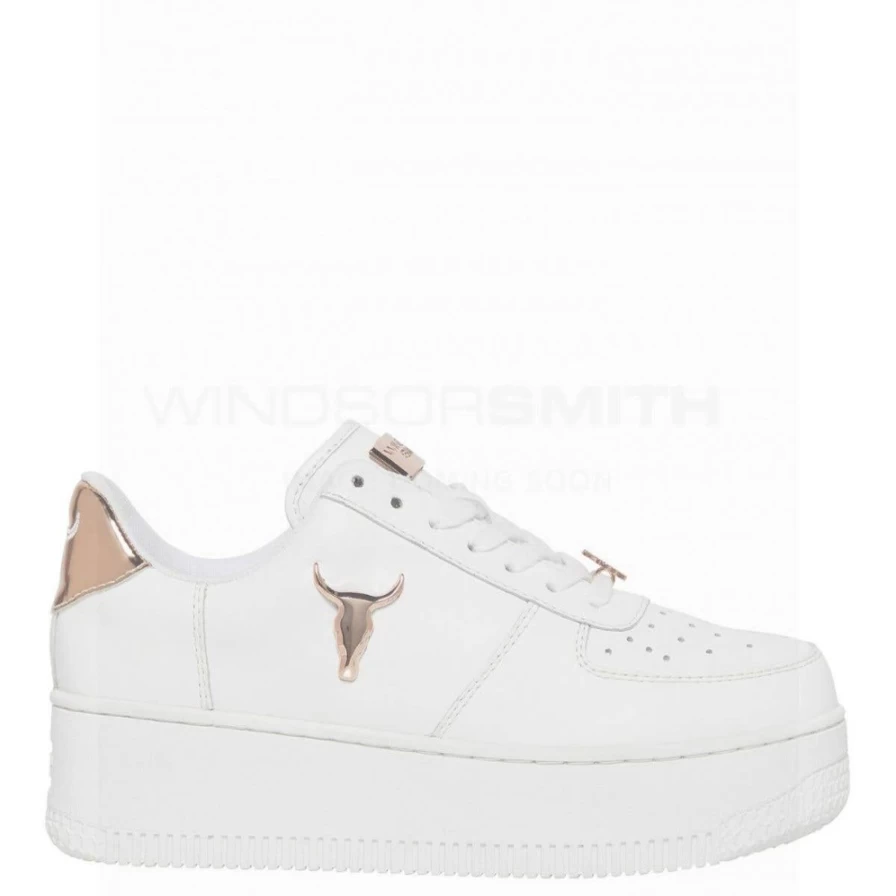 WindsorSmith Women's White Leather Sneakers with Silver Metallic Accents Rose Gold Details